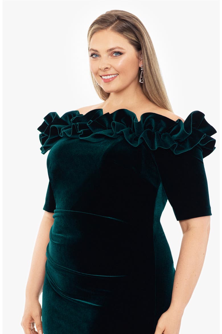 Strapless Ruffle Detail Velvet Gown, Alternate, color, HUNTER