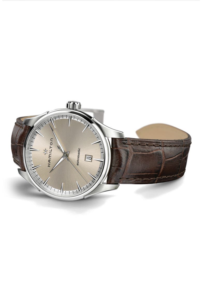 Jazzmaster Automatic Leather Strap Watch, 40mm, Alternate, color, BROWN