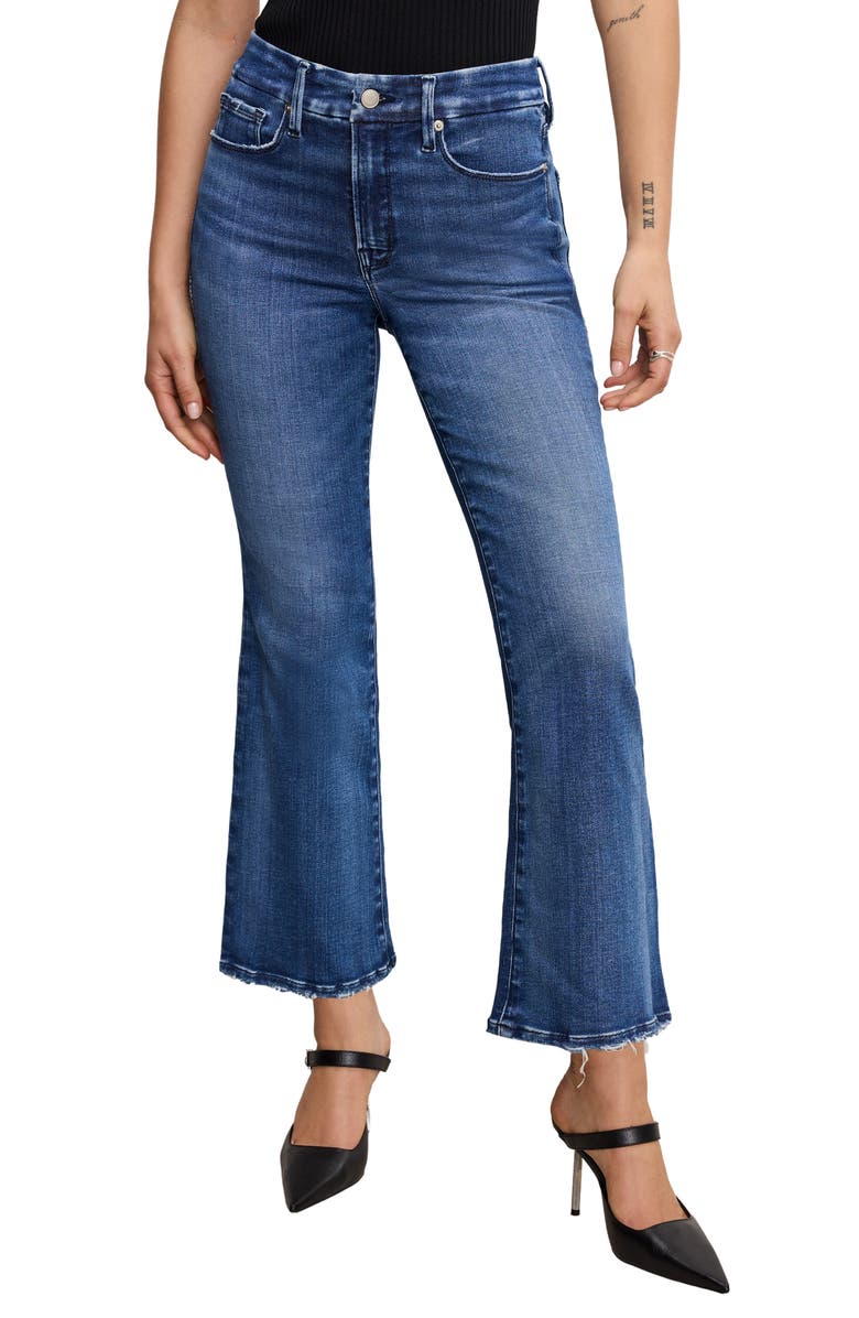 Good American Good Legs Soft-Tech High Waist Distressed Crop Mini Bootcut Jeans, Main, color, Indigo891