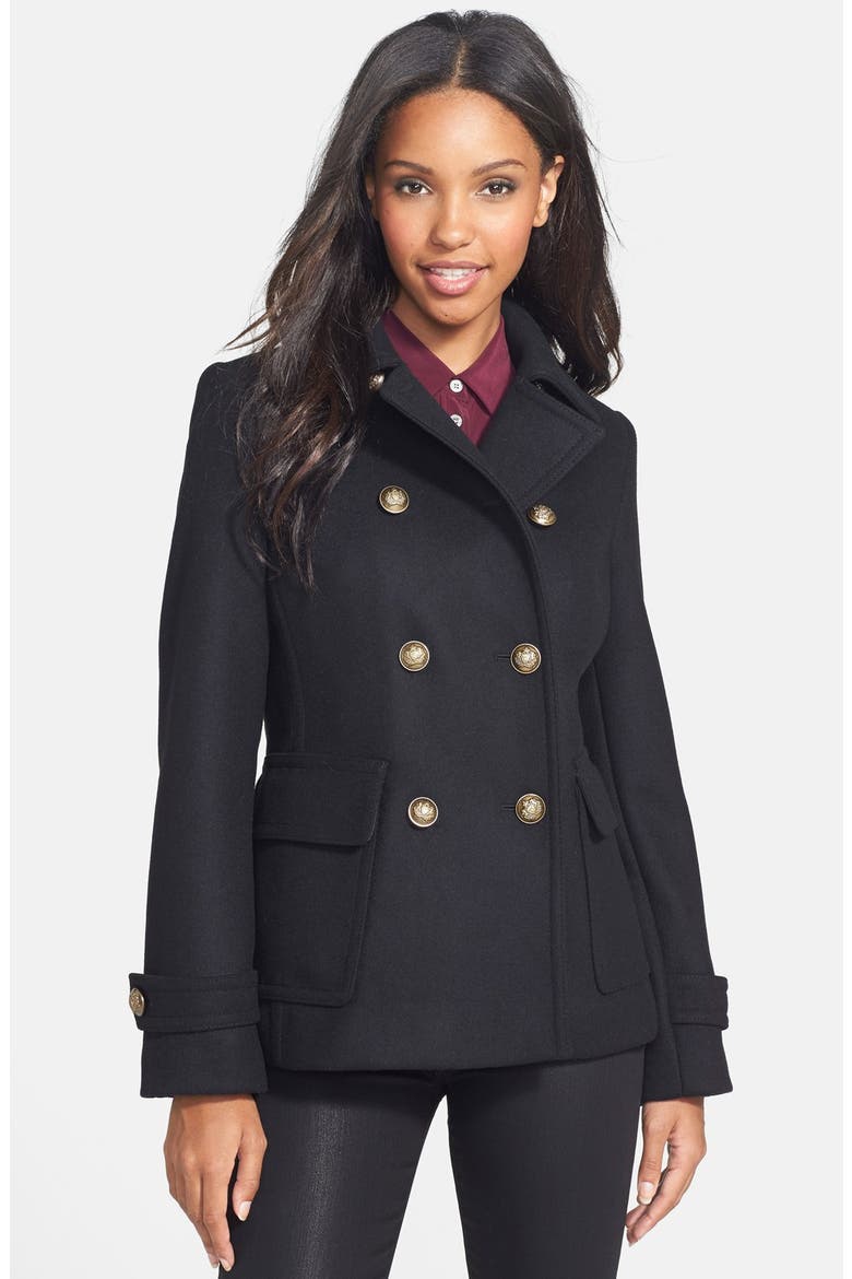 Double Breasted Wool Blend Skirted Peacoat, Main, color, BLACK