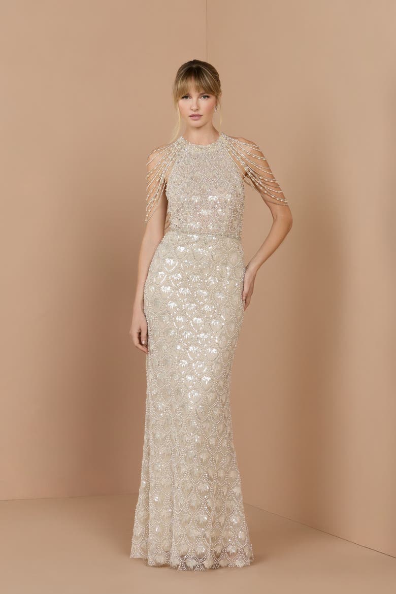 Draped Pearl Embellished Column Gown, Alternate, color, Cream Nude