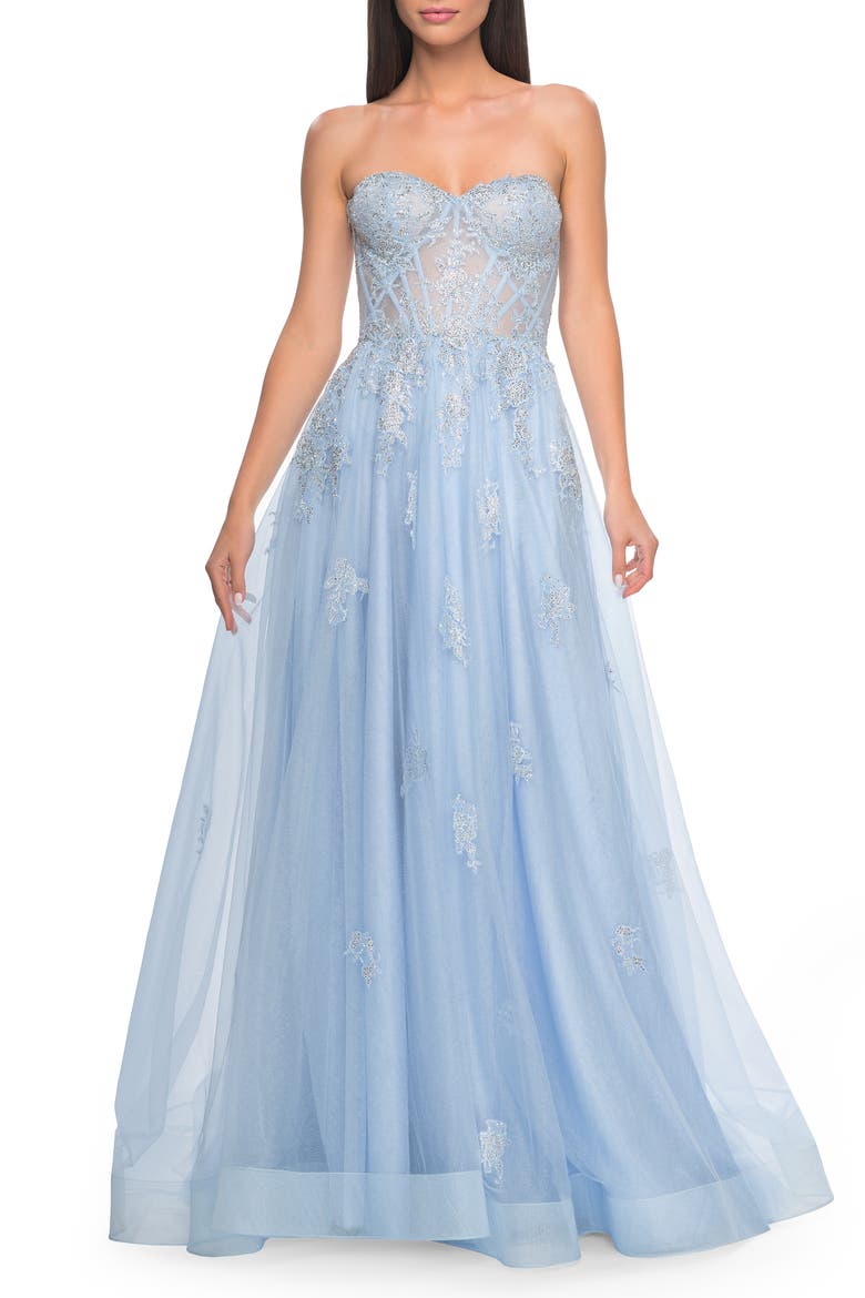 Gorgeous Lace A-Line Dress with Rhinestone Lace Details, Main, color, Cloud Blue