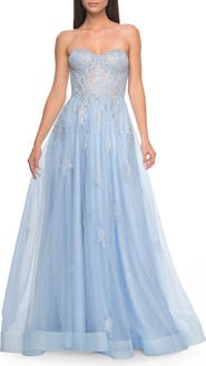 La Femme Gorgeous Lace A-Line Dress with Rhinestone Lace Details