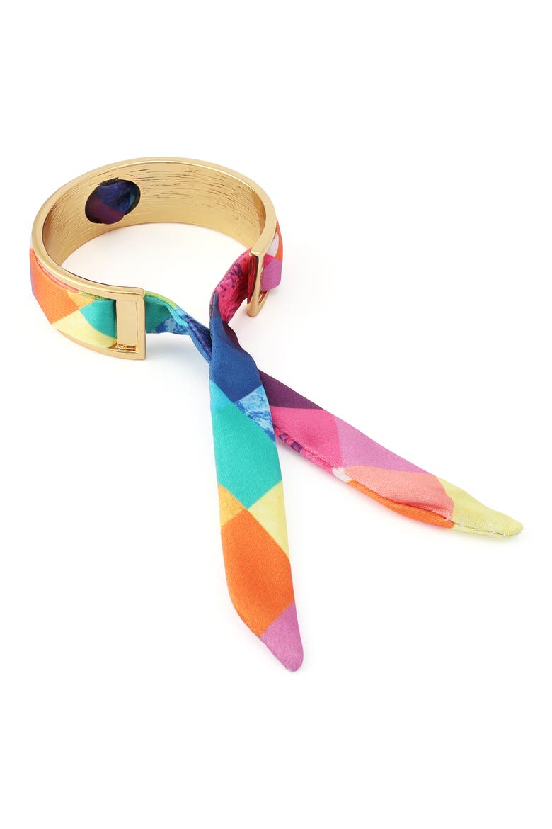 Stained Fabric Tie Bracelet, Alternate, color, GOLD/ MULTI