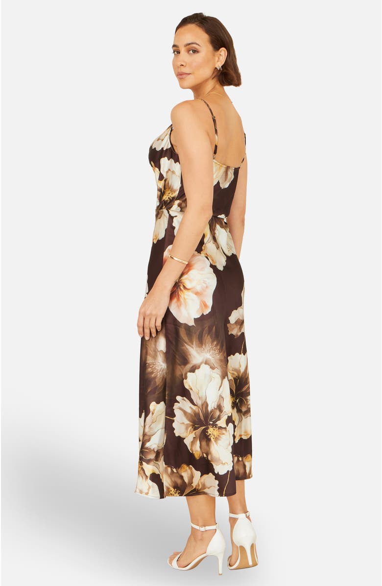 Yumi Cowl Neck Satin Floral Dress, Alternate, color, Brown