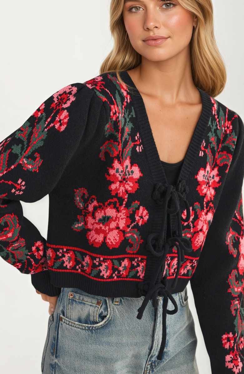 Knit and Lounge Floral Knit Tie-Front Puff-Sleeve Cardigan, Alternate, color, Black Floral