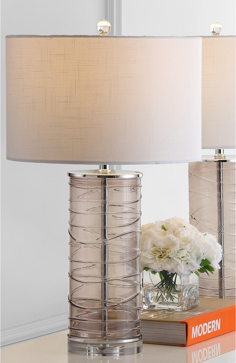 JONATHAN Y Cole 27.5" Modern Fused Glass Cylinder LED Table Lamp, Alternate, color, Smoky Gray