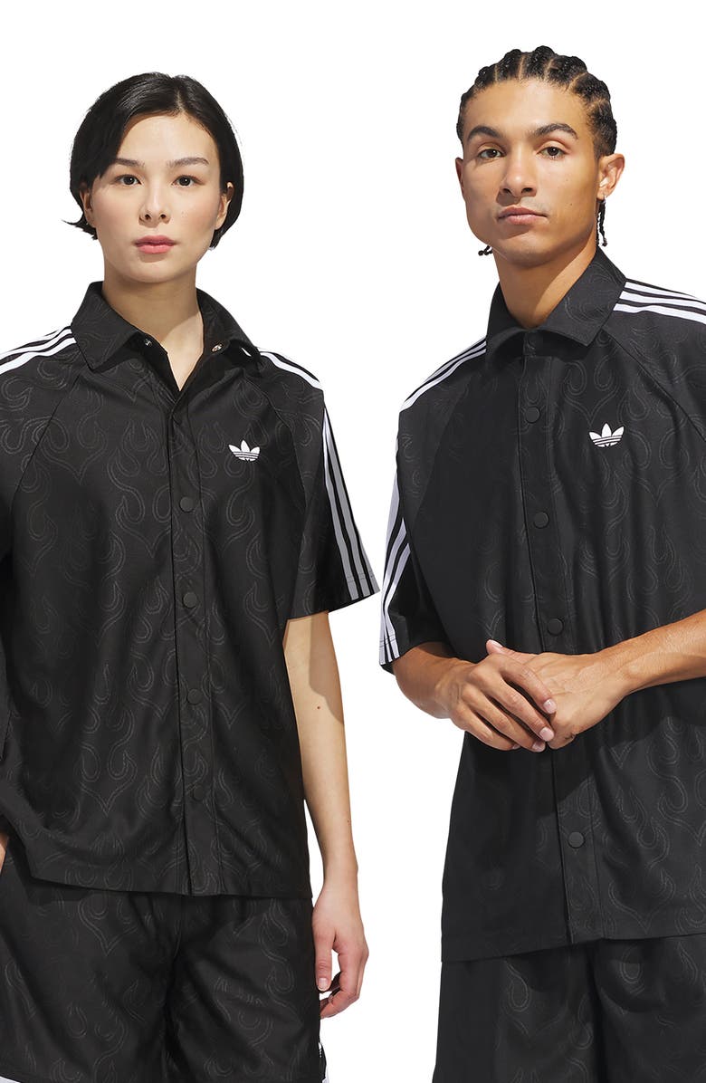 adidas Basketball Flame Short Sleeve Snap-Up Shirt, Alternate, color, Black/ /