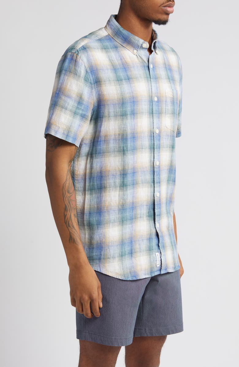 Original Penguin Delave Plaid Short Sleeve Linen Button-Down Shirt, Alternate, color, Tourmaline