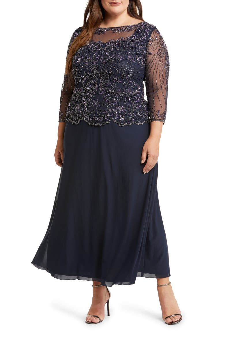 Beaded Mesh Mock Two-Piece Gown, Main, color, NAVY 410