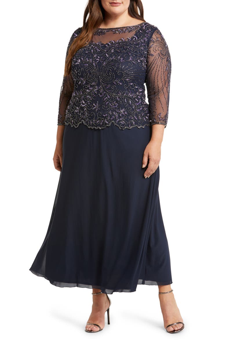 Pisarro Nights Beaded Mesh Mock Two-Piece Gown, Main, color, Navy 410