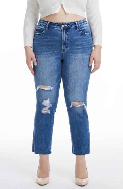 Distressed High Waist Slim Straight Leg Jeans (Plus)