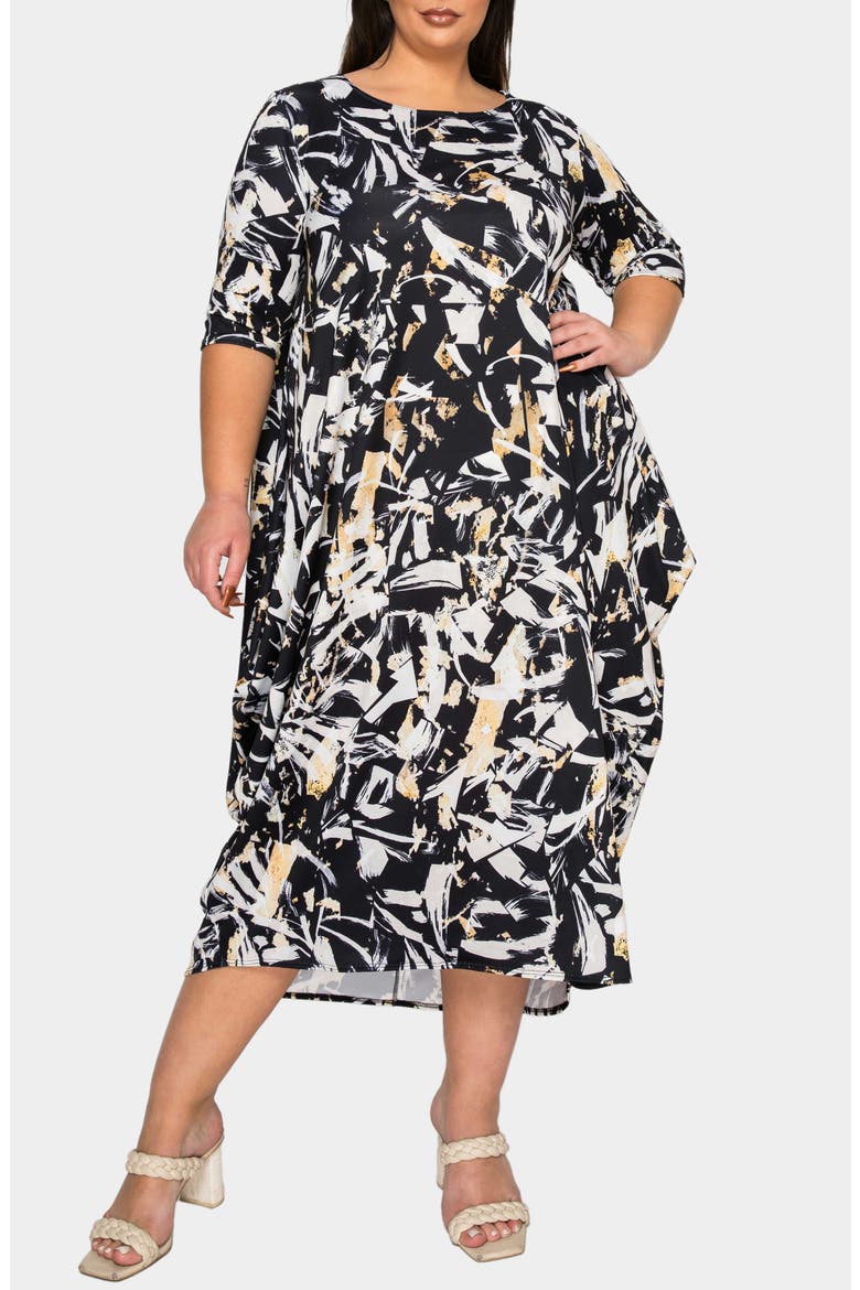 Brielle Bubble Hem Jersey Midi Dress, Main, color, BLACK TAUPE