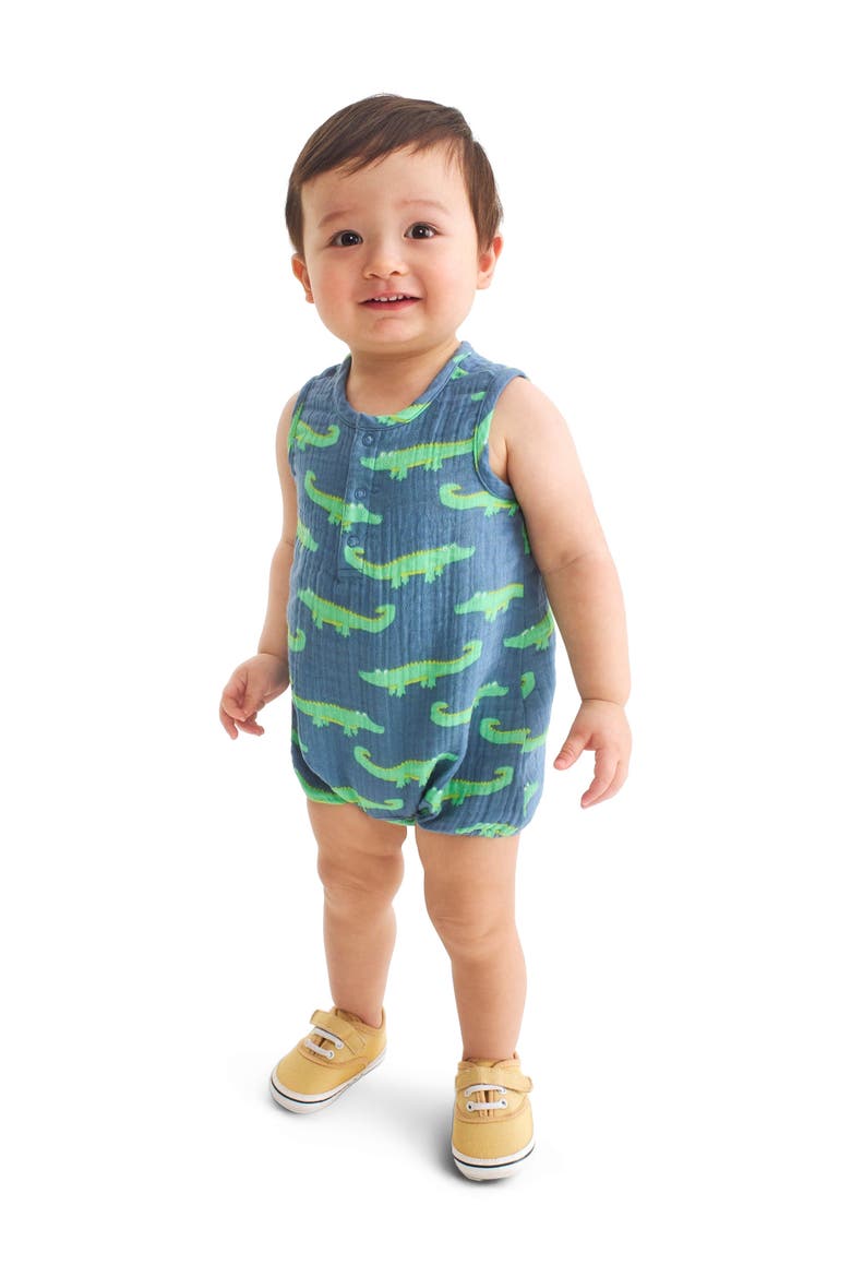 Baby Cotton Gauze Bubble Shortie In Seasonal Prints, Alternate, color, Moonlight Alligators