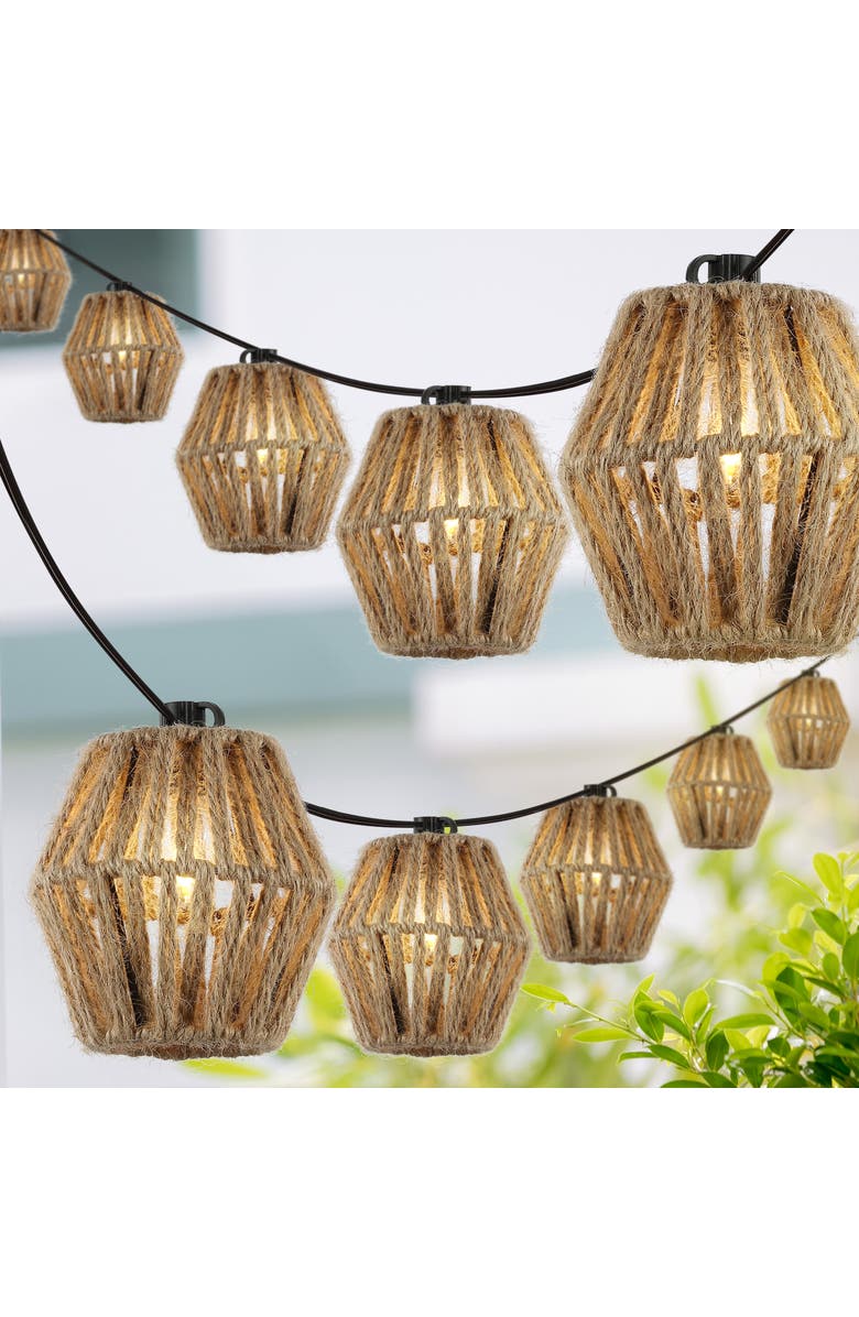 JONATHAN Y Samara 10-Light Indoor/Outdoor Mid-Century Classic Incandescent C7 Lantern Hemp Rope Shaded String Lights, Alternate, color, Brown