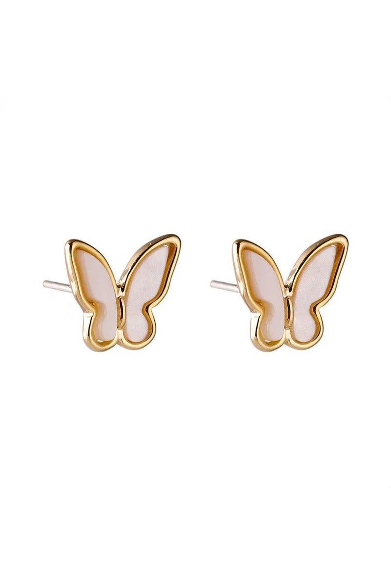 Butterfly Stud Earrings Featuring Mother of Pearl Inlay, Alternate, color, Gold