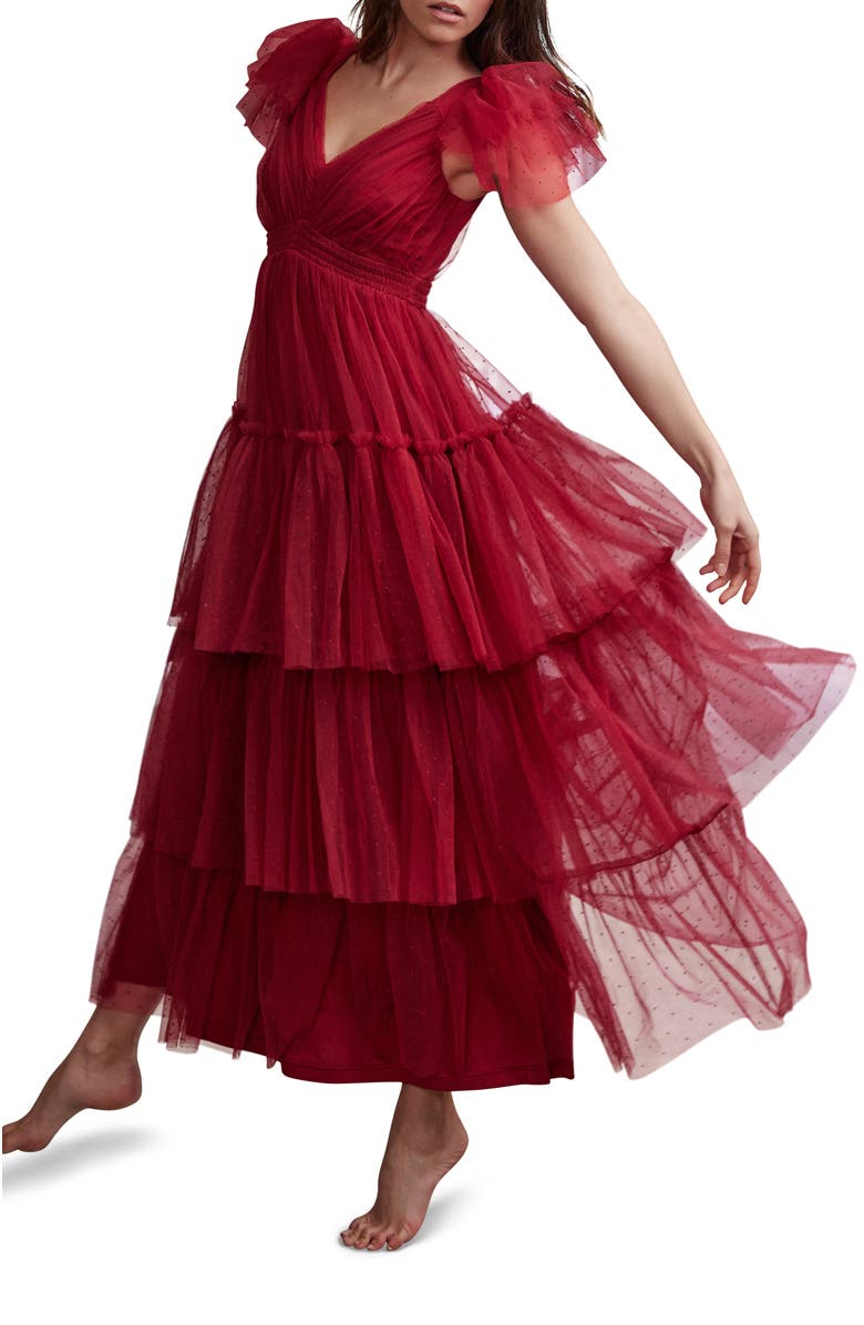 MINT VELVET Tulle Ruffle Maxi Dress, Alternate, color, Red