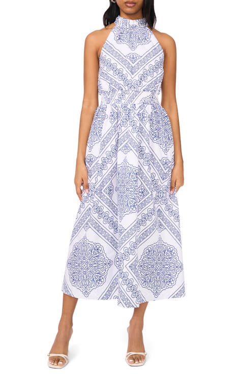 Medallion Print Cotton High Neck Halter Dress