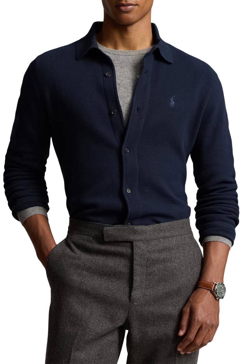 Embroidered Logo Cotton Piqué Cardigan, Main, color, HUNTER NAVY