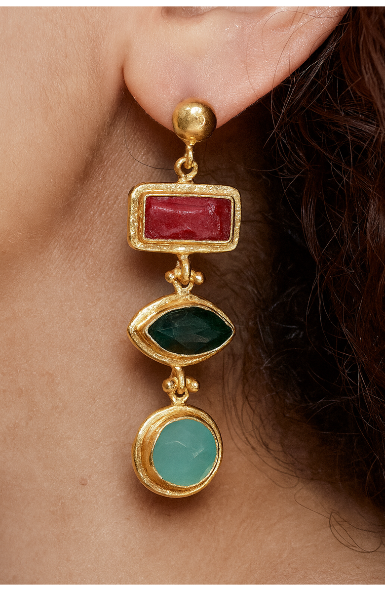 Ottoman Hands Innana Ruby, Emerald And Aqua Chalcedony Drop Earrings, Alternate, color, Gold
