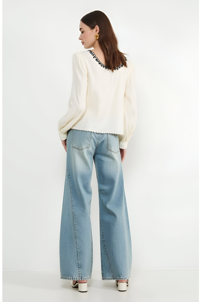 Embroidered Blouse with Velvet Bow, Alternate, color, Cream / Off-White