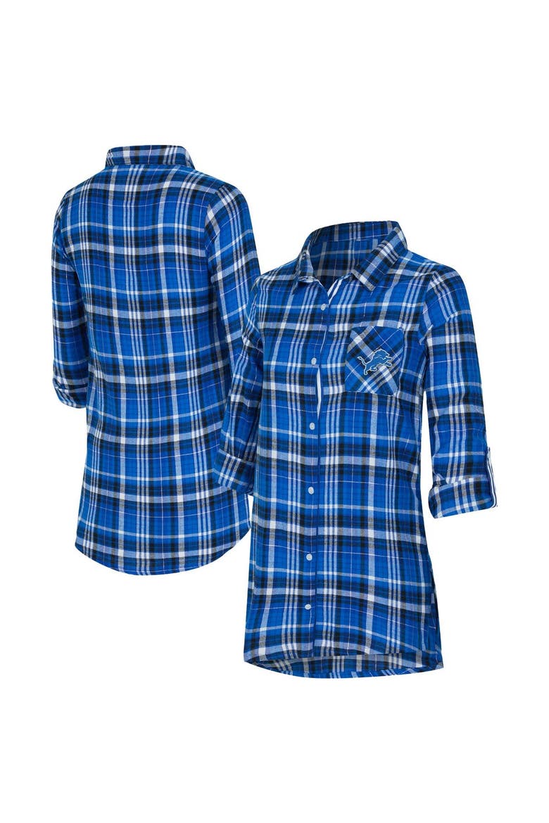 Women's Concepts Sport Blue Detroit Lions Laney Plaid Tri-Blend Full-Button Nightshirt, Main, color, Blue