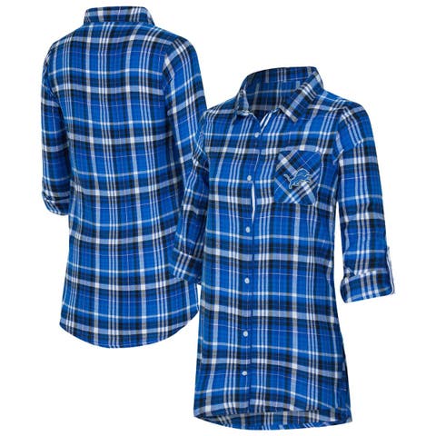 Women's Concepts Sport Blue Detroit Lions Laney Plaid Tri-Blend Full-Button Nightshirt