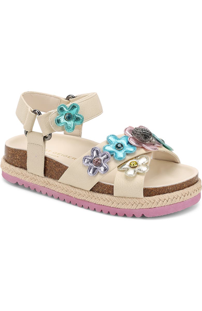 Kurt Geiger London Kids' Mini Kensington Flower Espadrille Ankle Strap Platform Sandal, Main, color, Bone Multi
