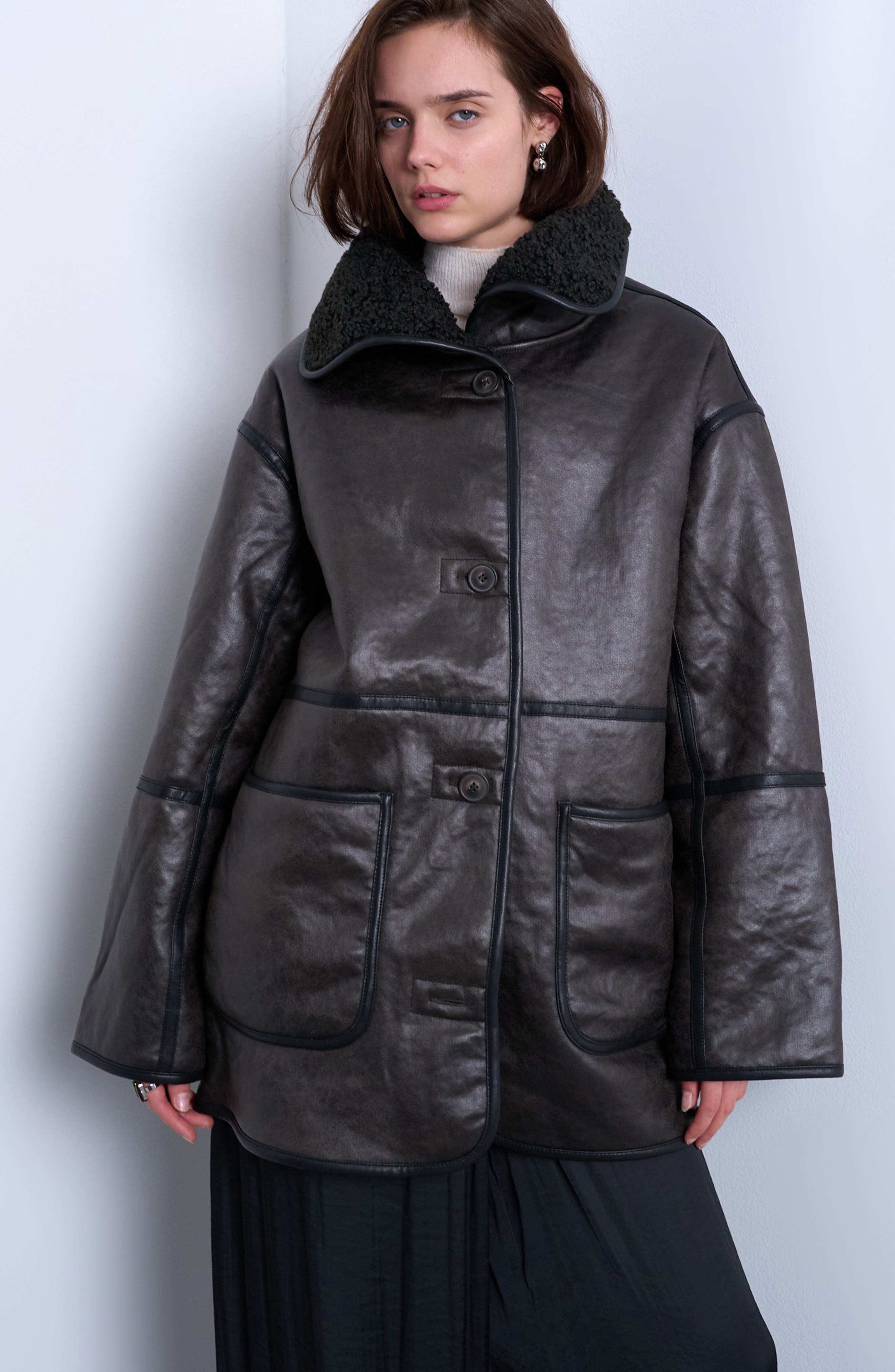 Topshop Oversize Faux Leather Car Coat with Faux Shearling Lining