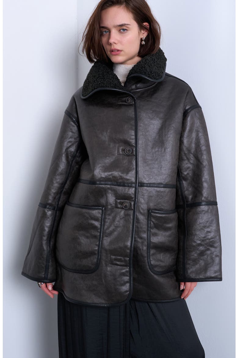 Oversize Faux Leather Car Coat with Faux Shearling Lining, Main, color, BLACK