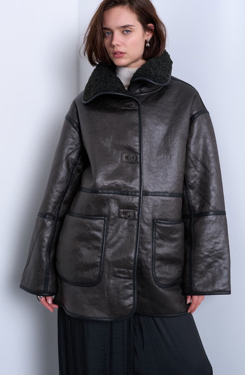 Topshop Oversize Faux Leather Car Coat with Faux Shearling Lining, Main, color, Black