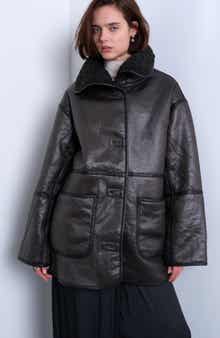 Oversize Faux Leather Car Coat with Faux Shearling Lining