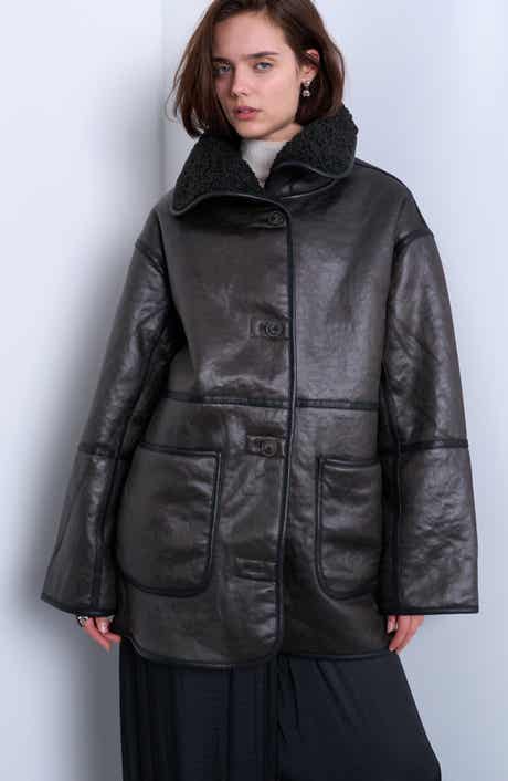 Topshop Oversize Faux Leather Car Coat with Faux Shearling Lining