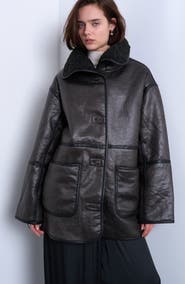 Topshop Oversize Faux Leather Car Coat with Faux Shearling Lining