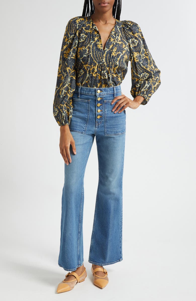 Ulla Johnson The Lou Button Fly Flare Jeans, Alternate, color, Danube Medium Indigo Wash