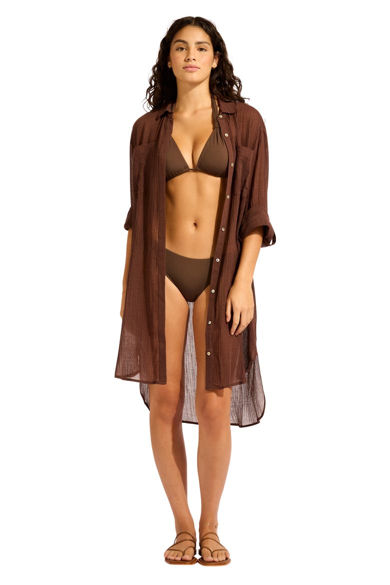Crinkle Twill Cover-Up Beach Shirt, Alternate, color, DARK CHOCOLATE