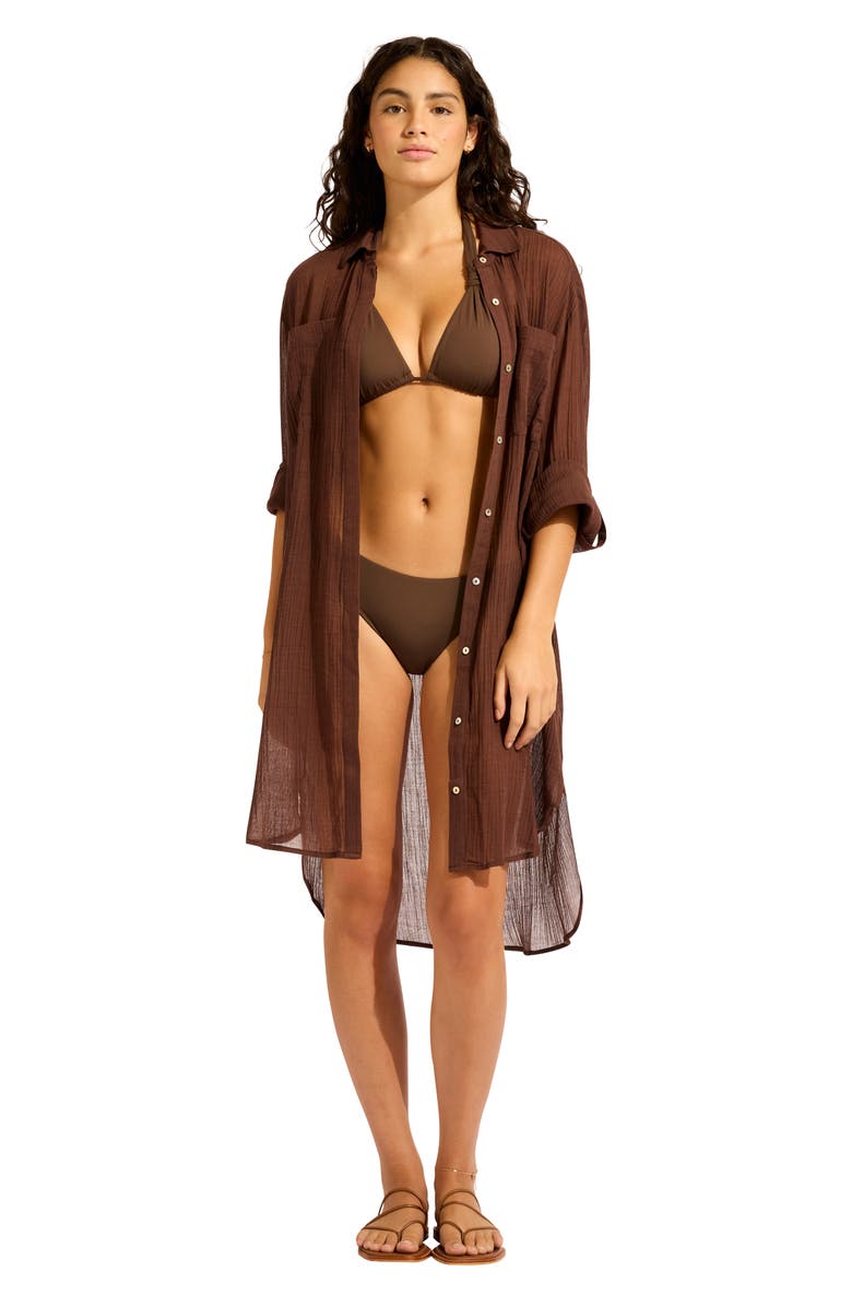 Seafolly Crinkle Twill Cover-Up Beach Shirt, Alternate, color, Dark Chocolate