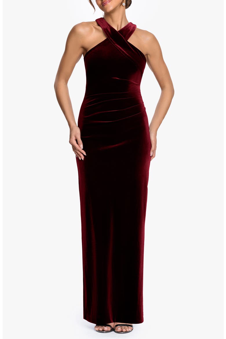 Halter Neck Stretch Velvet Gown, Main, color, BURGUNDY