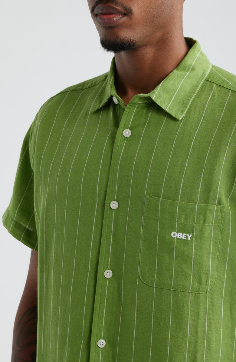 Obey Joe Stripe Short Sleeve Button-Up Shirt, Alternate, color, Piquant Green Multi