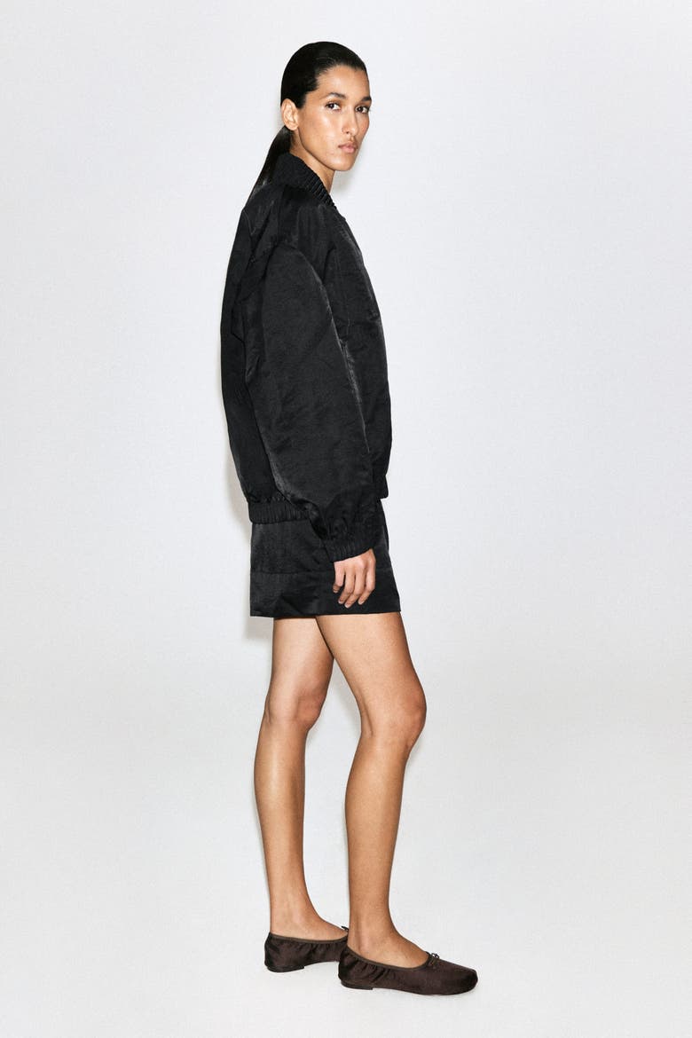 Gathered Nylon Bomber Jacket, Alternate, color, BLACK