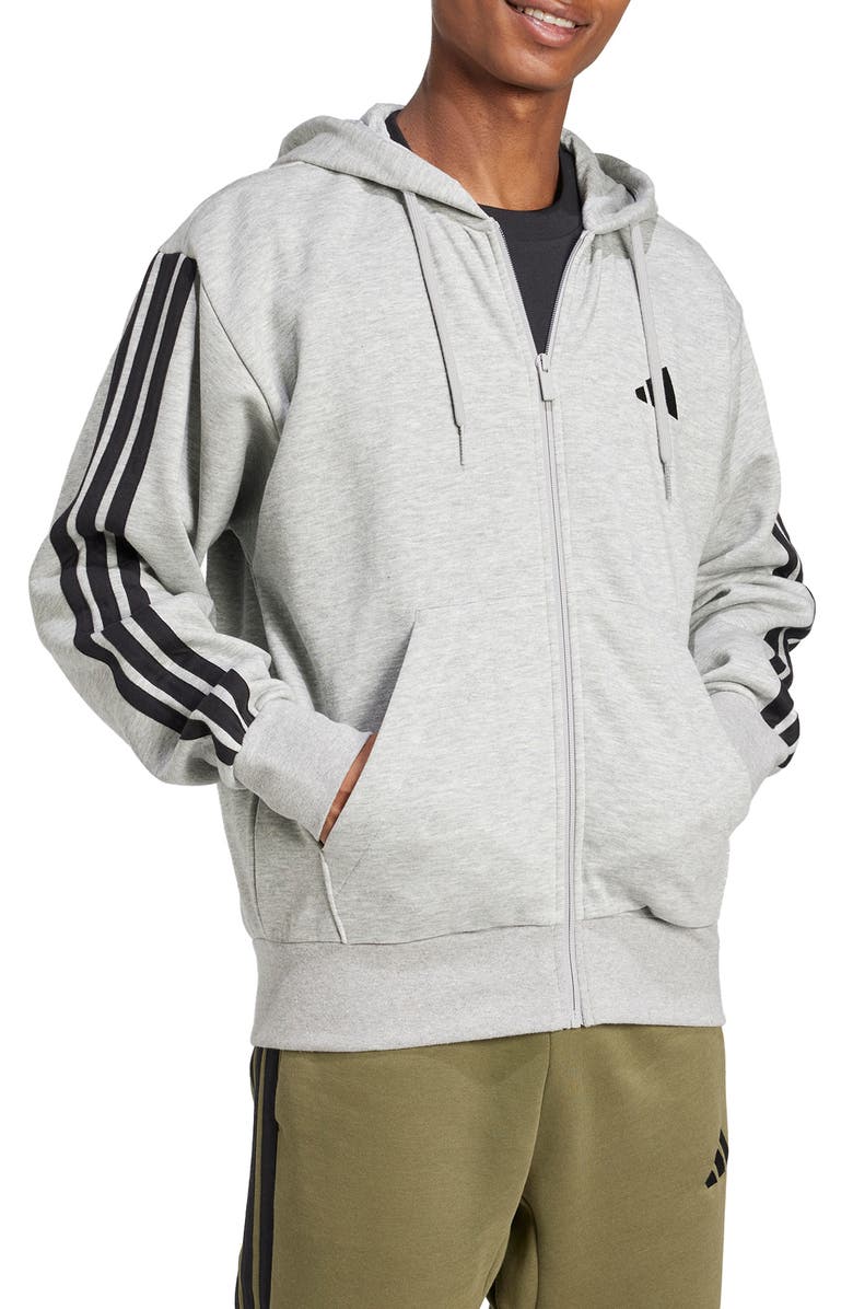 adidas Essential 3-Stripes Fleece Hoodie, Main, color, Grey Heather/ Black