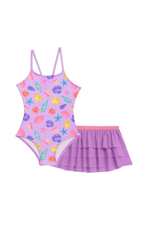 Aqua Green Babies'  Toddlers X-back One Piece Swimsuit With Ruffle Coverup Skirt 2-piece Set In Purple