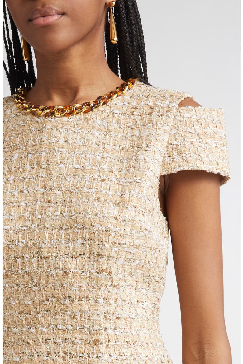 Phoebe Chain Embellished Tweed Sheath Dress, Alternate, color, FLAX WILLOW/ IVORY MULTI