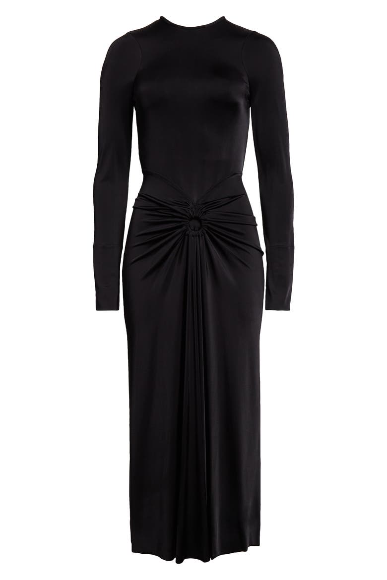 Long Sleeve Gathered Jersey Midi Dress, Alternate, color, BLACK