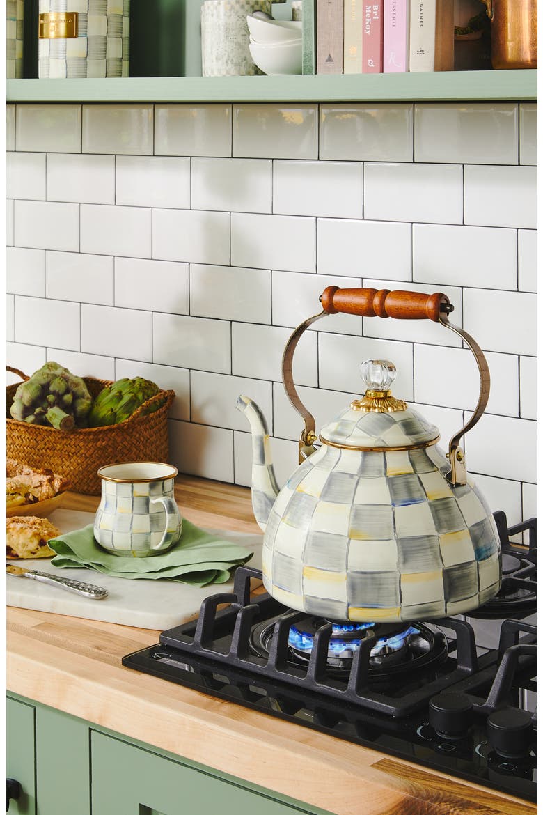 Sterling Check Enameled Steel 3-Quart Tea Kettle, Alternate, color, GREY/ WHITE