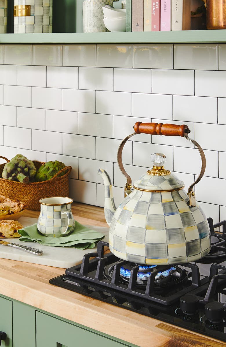 MACKENZIE CHILDS Sterling Check Enameled Steel 3-Quart Tea Kettle, Alternate, color, Grey/ White