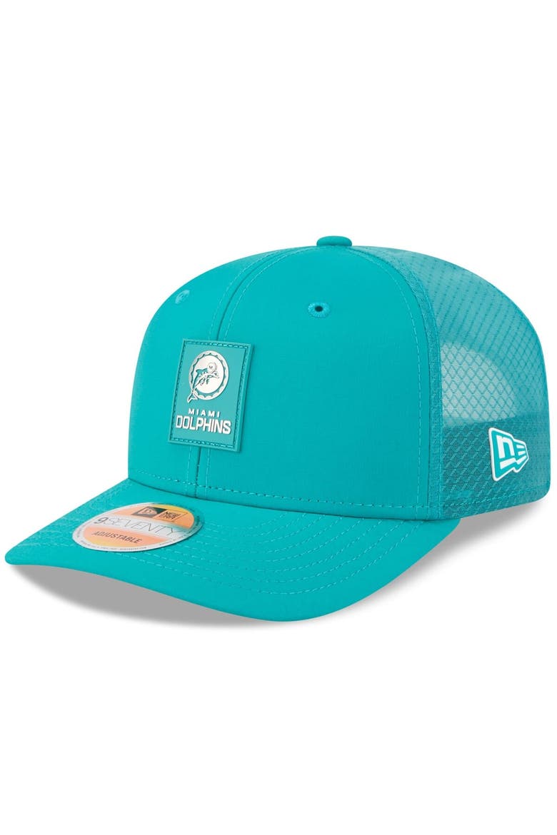 Men's New Era Aqua Miami Dolphins 2025 Sideline Throwback 9SEVENTY Trucker Adjustable Hat, Main, color, Aqua