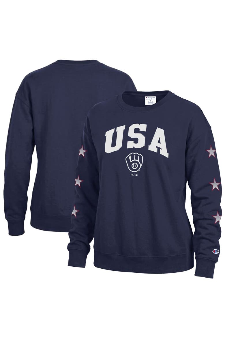 Women's Champion  Navy Milwaukee Brewers Americana Fleece Crewneck Sweatshirt, Main, color, Navy