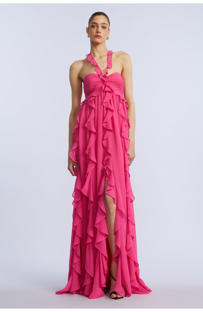 BCBGMAXAZRIA Ruffle Chiffon Gown, Main, color, Fuchsia Purple