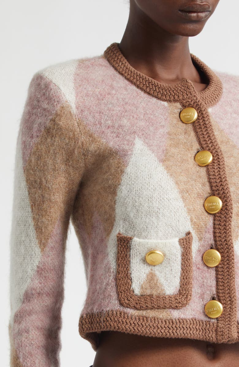 L'AGENCE Siobhan Argyle Crop Cardigan, Alternate, color, Natural/ Mauve Multi Argyle